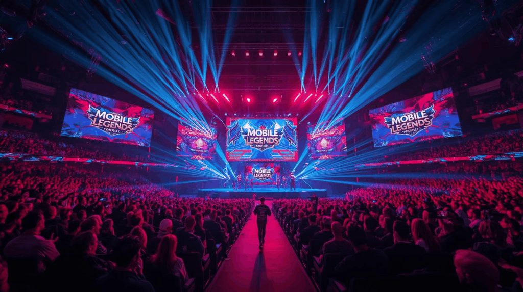 Arena turnamen M5 World Championship dengan pencahayaan neon dramatis.