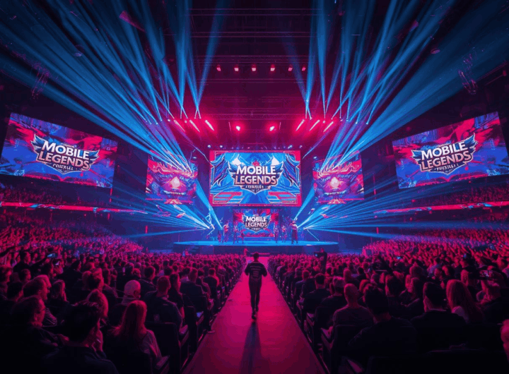 Arena turnamen M5 World Championship dengan pencahayaan neon dramatis.