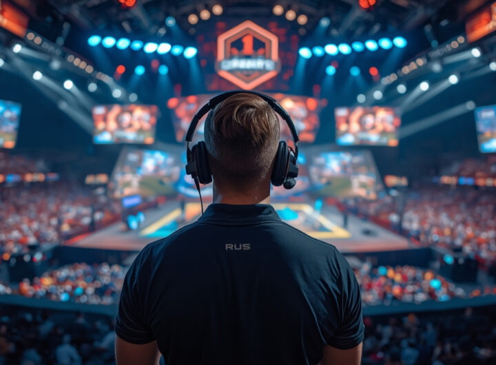 Caster esports profesional mengomentari pertandingan di panggung turnamen besar