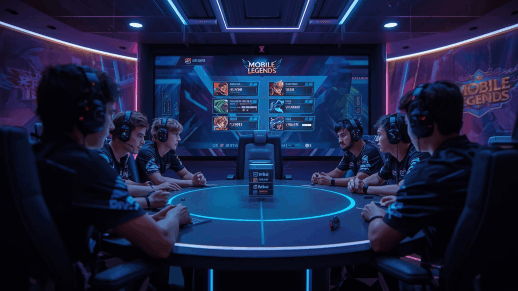 Tim profesional Mobile Legends sedang menyusun strategi draft pick sebelum pertandingan