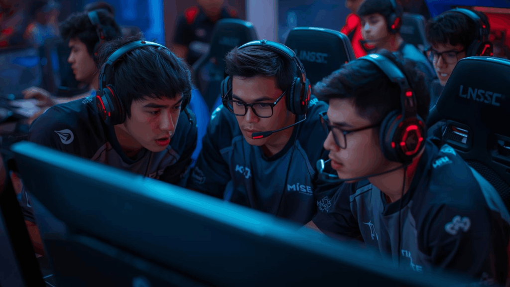 Diskusi strategi komunikasi tim Mobile Legends sebelum pertandingan